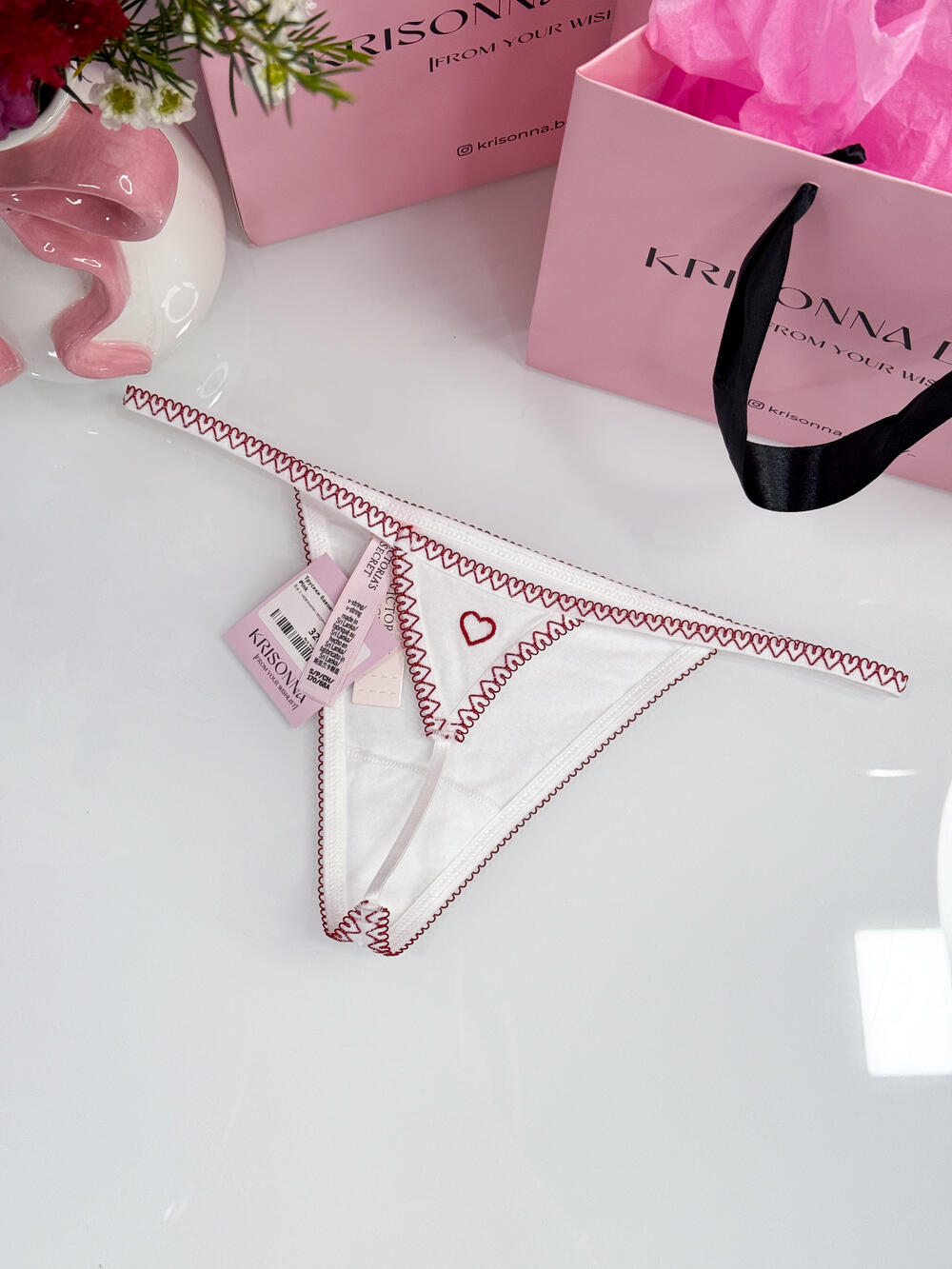 Трусики Lace Waist Heart Trim V-String розмір S White