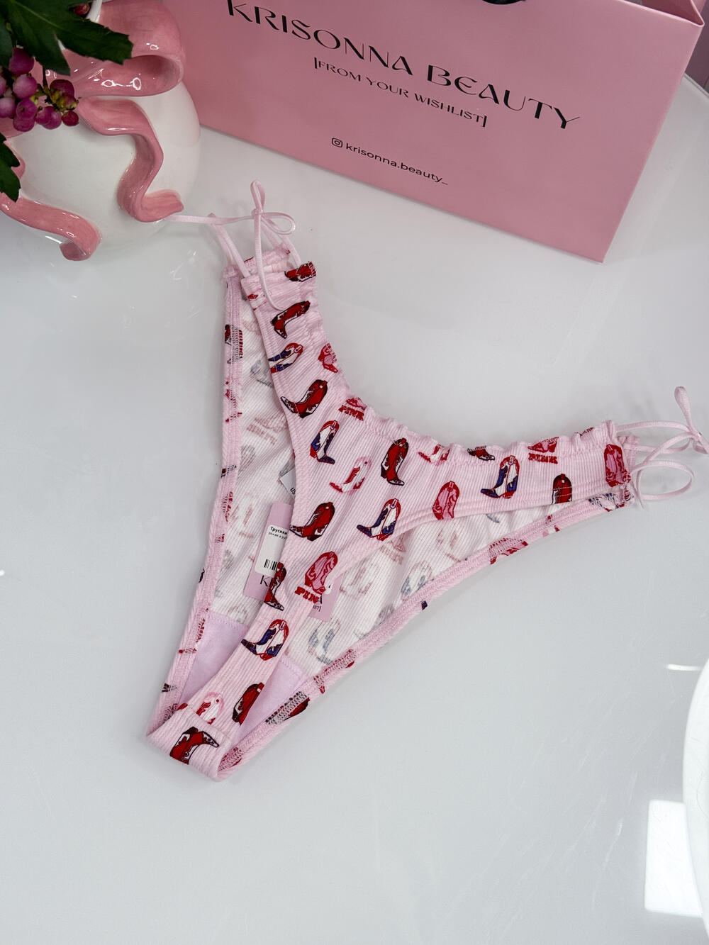 Трусики Cotton Side-Tie Thong Panty розмір S Pink Tulip Cowboy Boots Print Side 