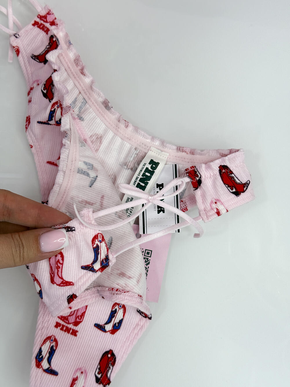 Трусики Cotton Side-Tie Thong Panty розмір S Pink Tulip Cowboy Boots Print Side 