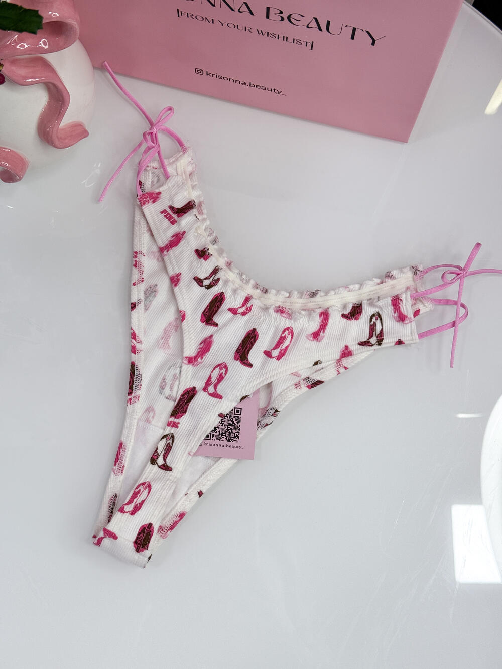 Трусики Cotton Side-Tie Thong Panty розмір S White Cowboy Boot Print Side Tie