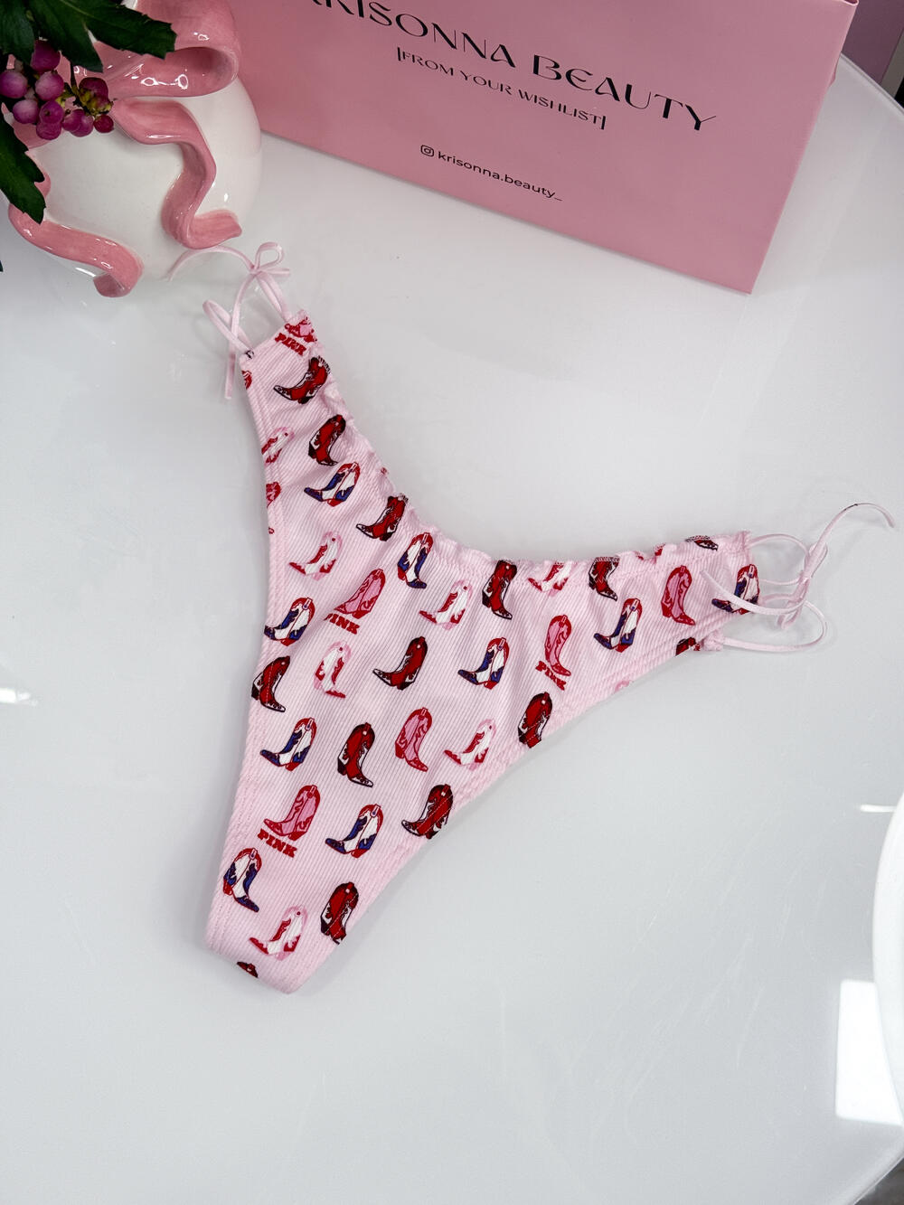 Трусики Cotton Side-Tie Thong Panty розмір S Pink Tulip Cowboy Boots Print Side 