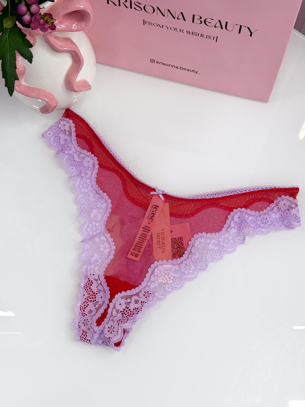 Tease Mesh Lace-Trim High-Leg Thong Panty розмір S Bright Vermillion & Silky Lilac (72ZF)