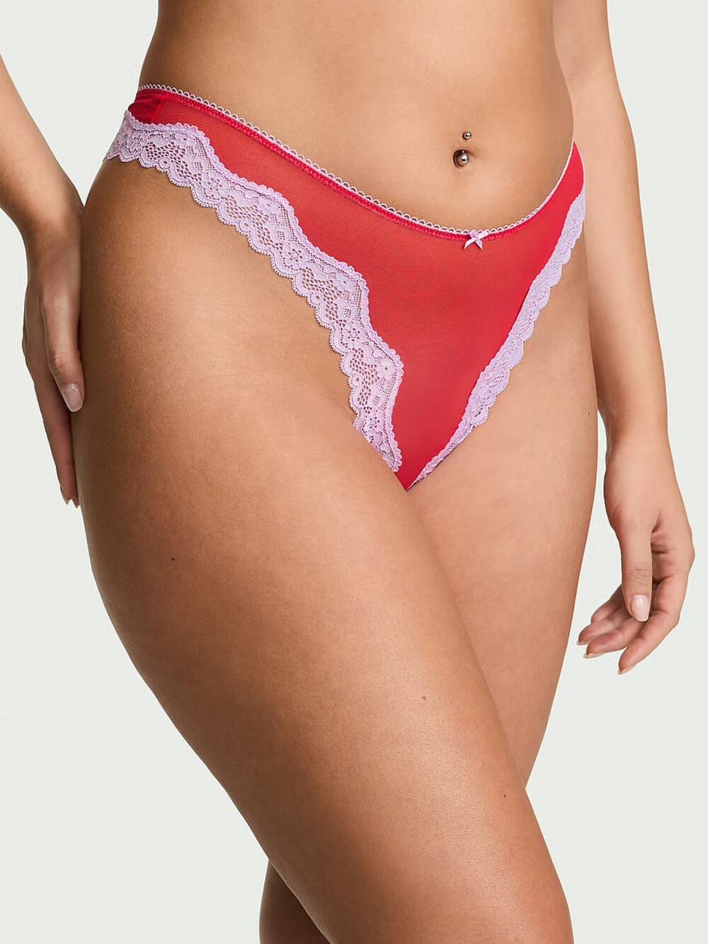 Tease Mesh Lace-Trim High-Leg Thong Panty розмір S Bright Vermillion & Silky Lilac (72ZF) 