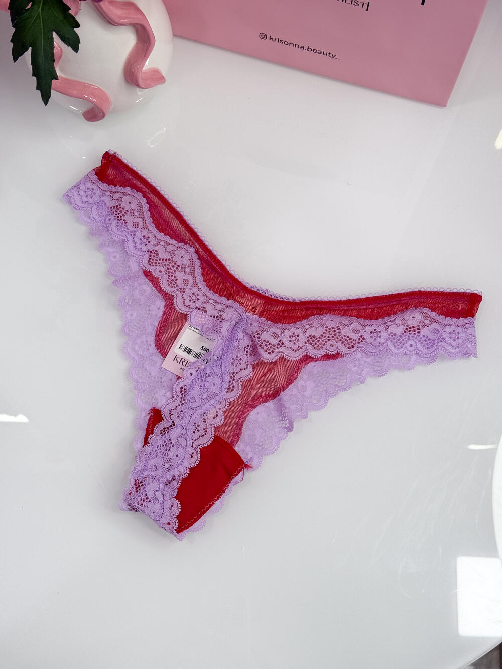 Tease Mesh Lace-Trim High-Leg Thong Panty розмір S Bright Vermillion & Silky Lilac (72ZF)