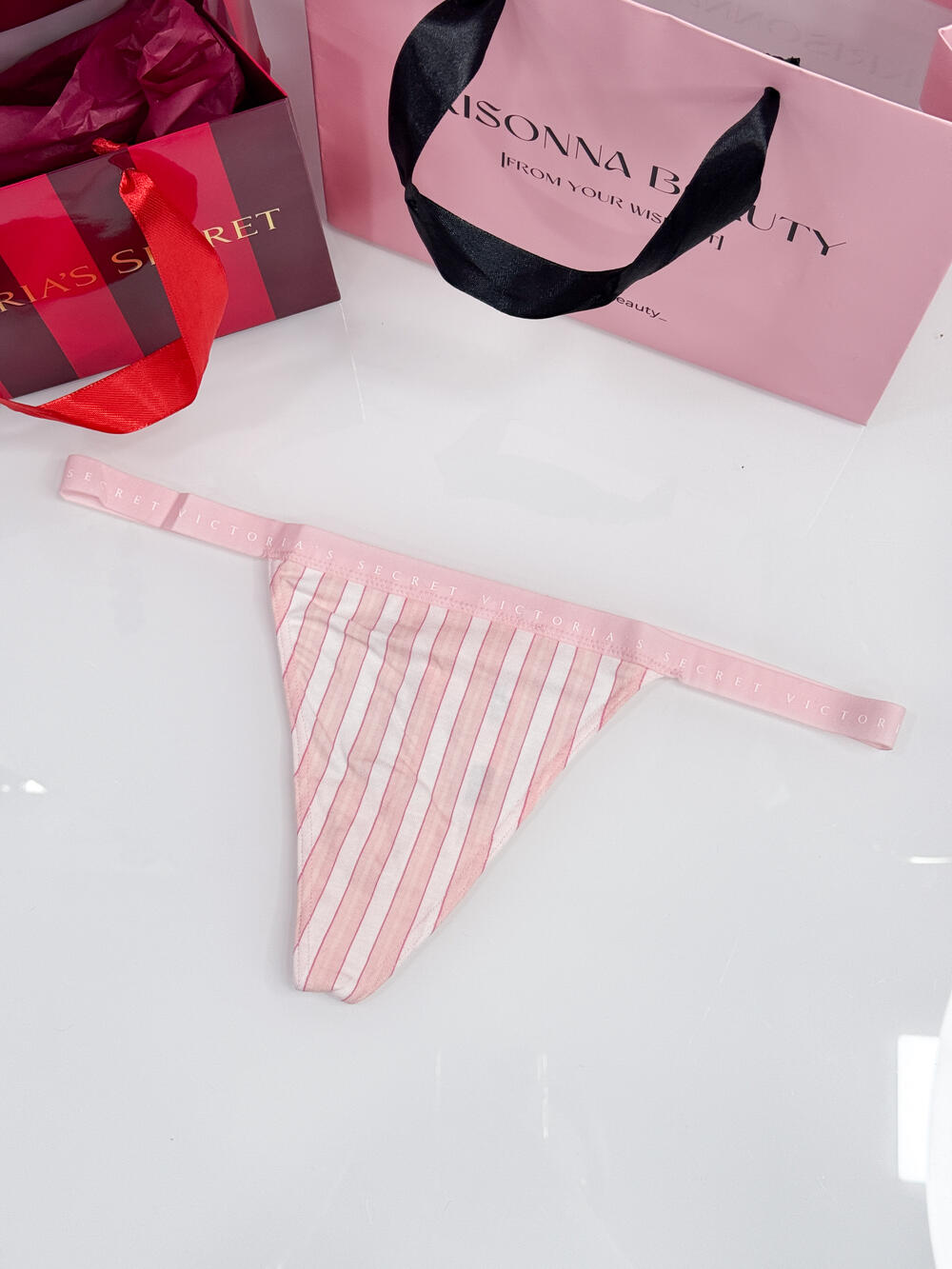 Stretch Cotton V-String Panty розмір L рожеві в смужку 