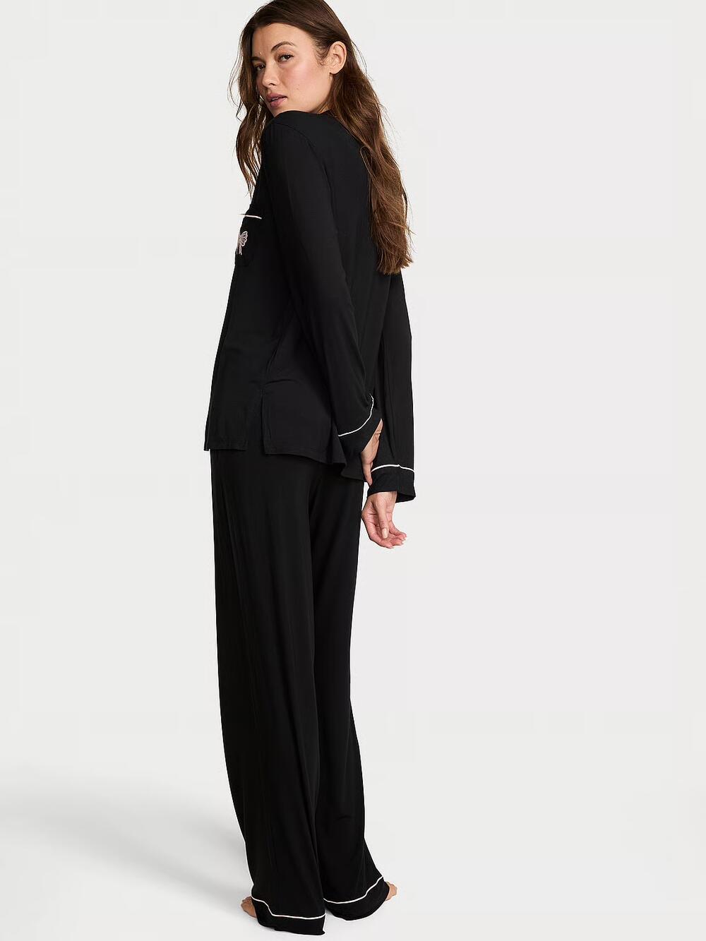 Розмір S Modal Soft Bow Long Pajama Set Black W Angel Pink Bow (7D2B) 