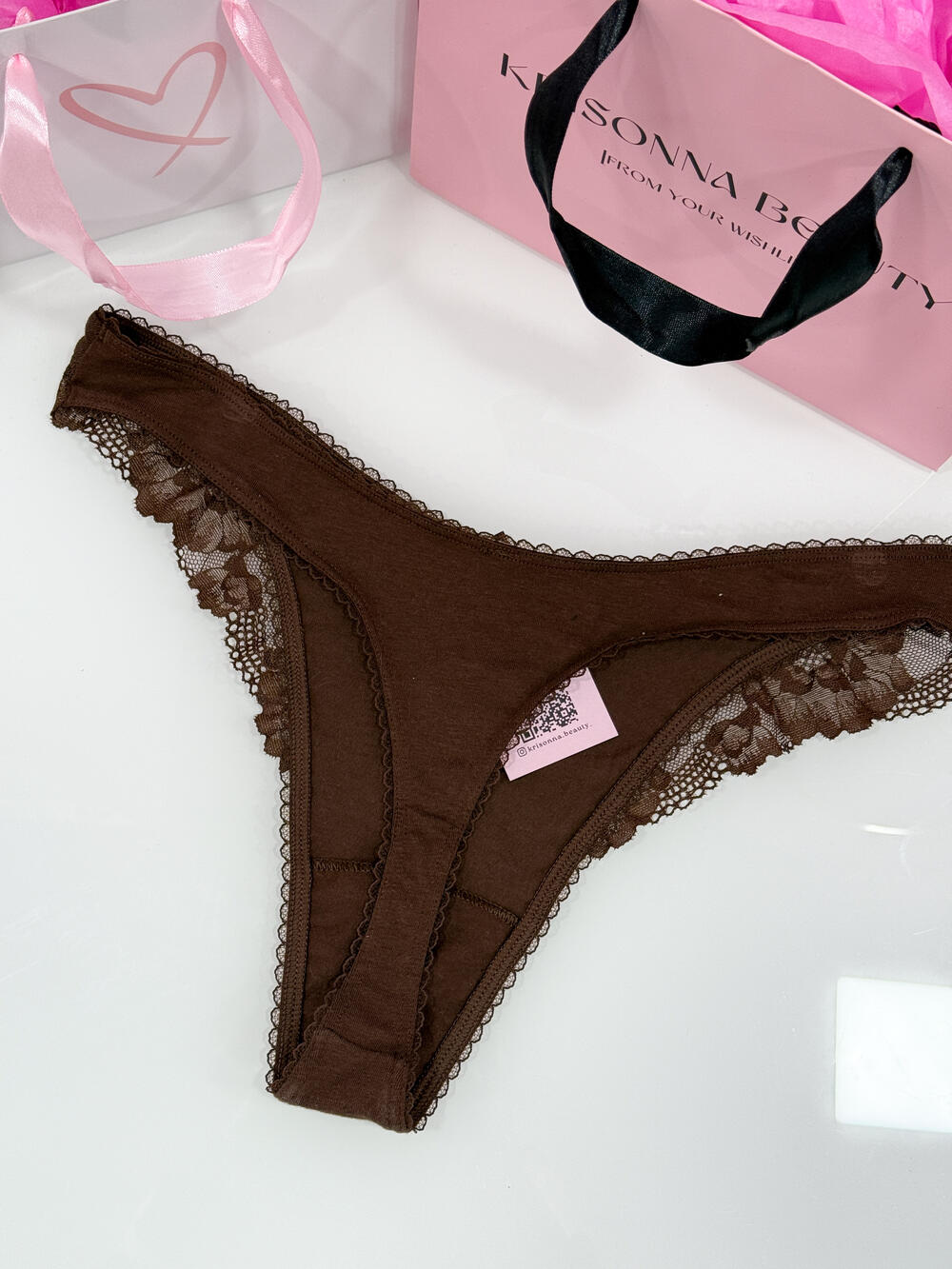 Stretch Cotton Lace-Trim High-Leg Scoop Thong Panty розмір L chocolate 