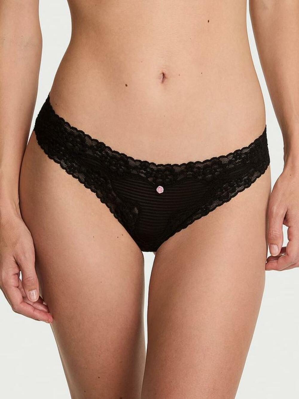 Cotton Shadow Stripe Lace-Waist Thong Panty розмір s Black (54A2) 