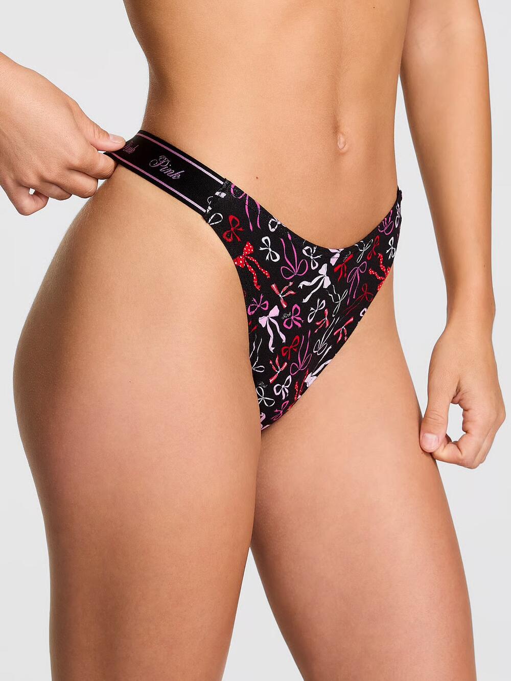 Logo Cotton Shine High-Leg Thong Panty розмір М Black Bow Print (7E3P) 